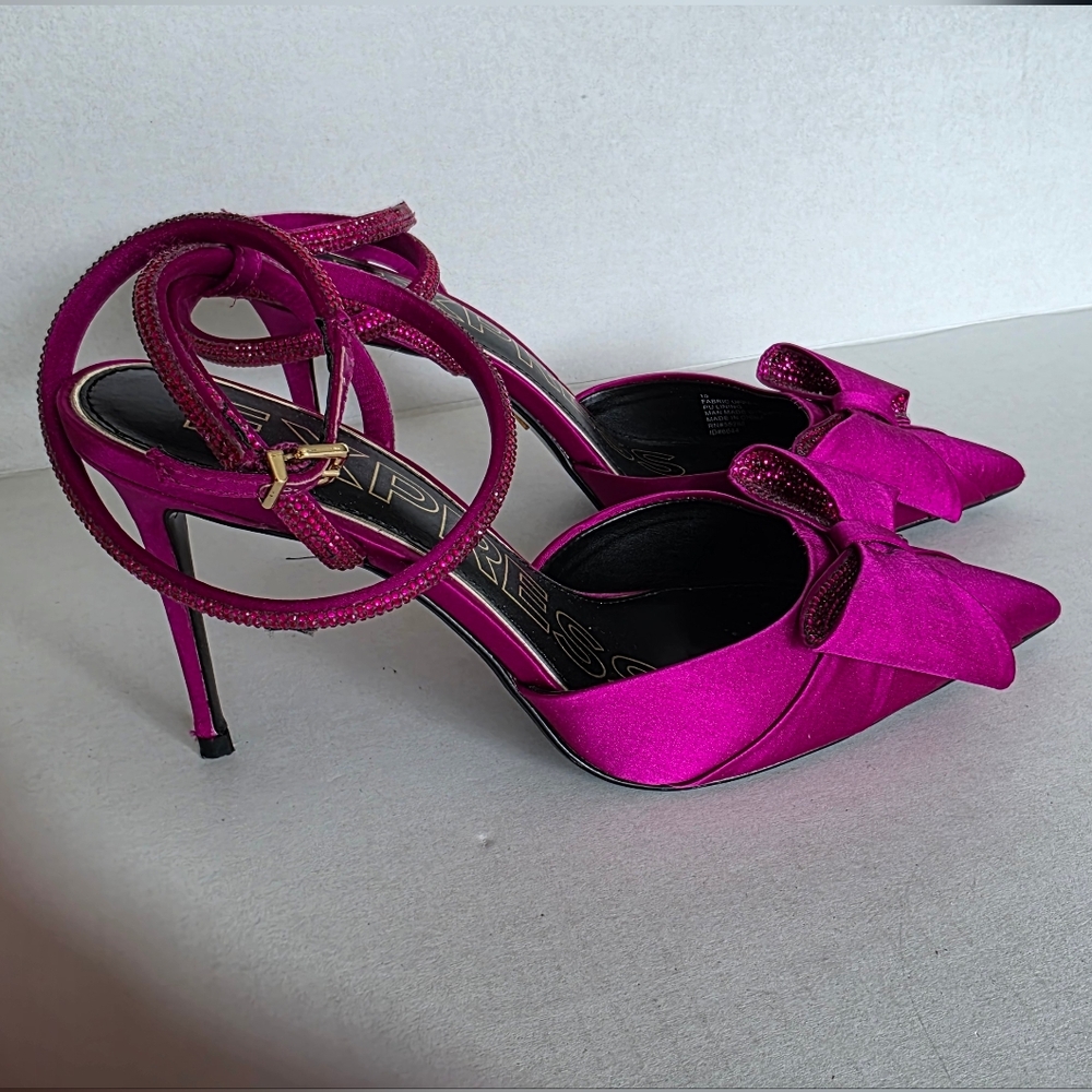 Women's Hot Pink Satin Pointed-Toe Bow Heels With Ankle Strap